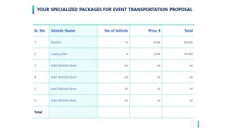 Your Specialized Packages For Event Transportation Proposal Ppt PowerPoint Presentation Outline Microsoft