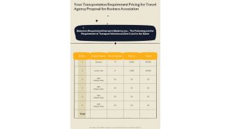 Your Transportation Requirement Pricing For Travel Agency Proposal For Business Association One Pager Sample Example Document