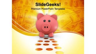Pink Piggy Bank With Coins Golden PowerPoint Templates And PowerPoint Themes 0912