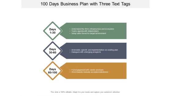 100 Days Business Plan With Three Text Tags Ppt PowerPoint Presentation Gallery Vector