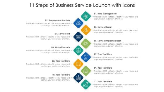 11 Steps Of Business Service Launch With Icons Ppt PowerPoint Presentation Gallery Styles PDF