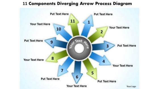 11 Components Diverging Arrow Process Diagram Ppt Circular Layout Network PowerPoint Templates