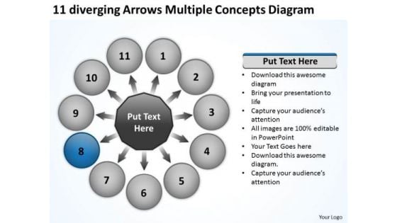 11 Diverging Arrows Multilple Concepts Diagram Circular Flow Spoke Chart PowerPoint Slides