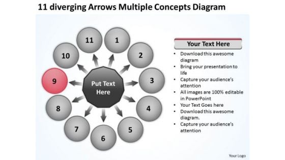 11 Diverging Arrows Multilple Concepts Diagram Cycle Motion Network PowerPoint Templates