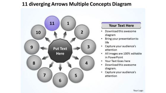 11 Diverging Arrows Multilple Concepts Diagram Cycle Motion Process PowerPoint Templates