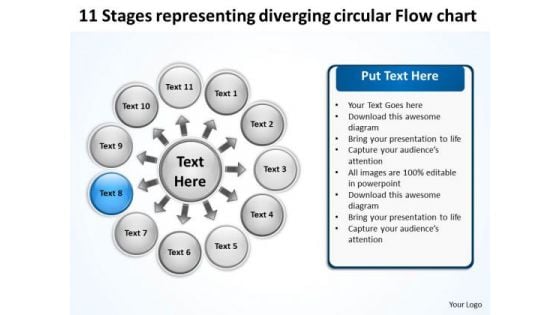 11 Stages Representing Diverging Circular Flow Chart Cycle Layout Network PowerPoint Slides
