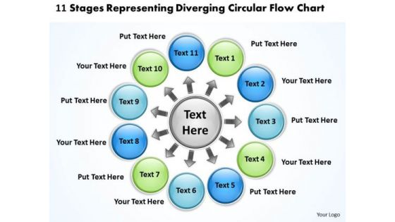 11 Stages Representing Diverging Circular Flow Chart Ppt Cycle Process PowerPoint Templates