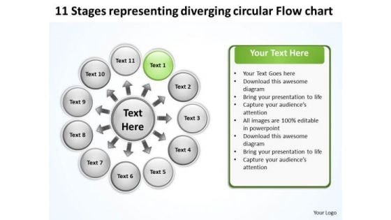 11 Stages Representing Diverging Circular Flow Chart Target Network PowerPoint Templates