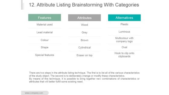 12 Attribute Listing Brainstorming With Categories Ppt PowerPoint Presentation Designs 12 Attribute Listing Brainstorming With Categories Ppt PowerPoint Presentation Designs