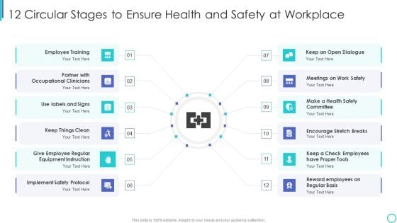 12 Circular Stages To Ensure Health And Safety At Workplace Elements PDF