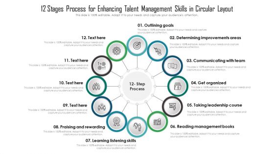 12 Stages Process For Enhancing Talent Management Skills In Circular Layout Ppt Summary Example Topics PDF