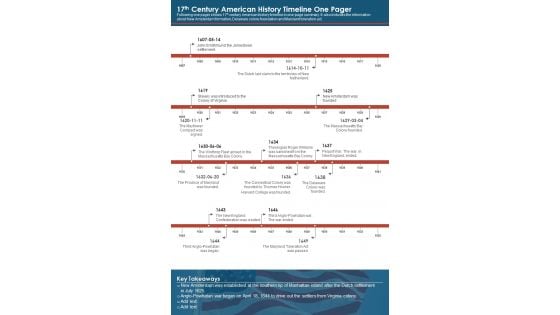 17Th Century American History Timeline One Pager PDF Document PPT Template