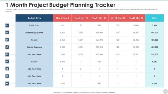 1 Month Project Budget Planning Tracker Topics PDF