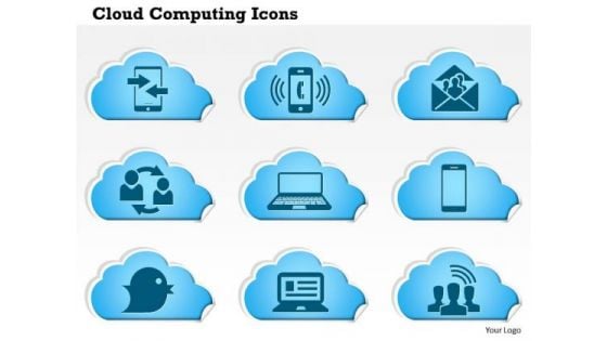 1 Cloud Computing Icons Phone Ringing Email Social Laptop Tweet Communication Ppt Slides