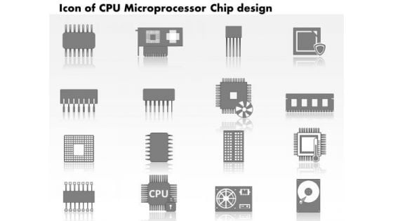 1 Icons Of Cpu Microprocessor Chip Design With Electronic Components Motherboard Gpu Ppt Slides