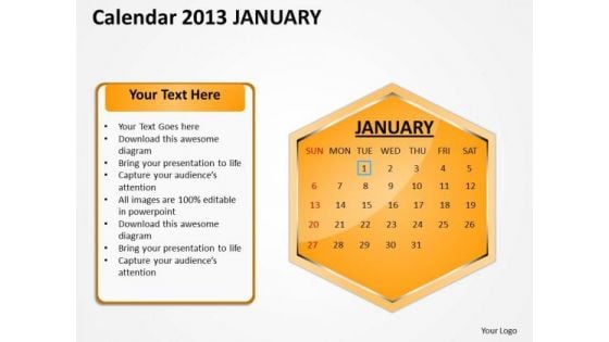 2013 January Calendar PowerPoint Slides Ppt Templates