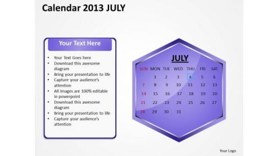 2013 July Calendar PowerPoint Slides Ppt Templates