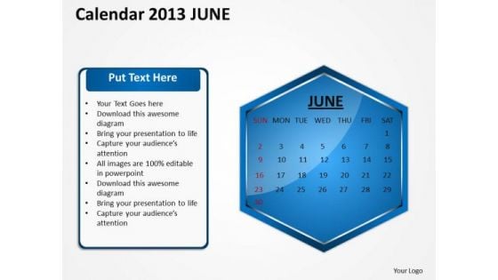 2013 June Calendar PowerPoint Slides Ppt Templates