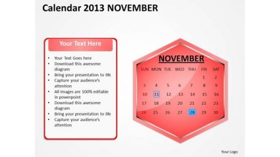 2013 November Calendar PowerPoint Slides Ppt Templates
