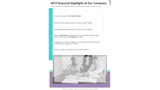 2019 Financial Highlights Of Our Company One Pager Documents