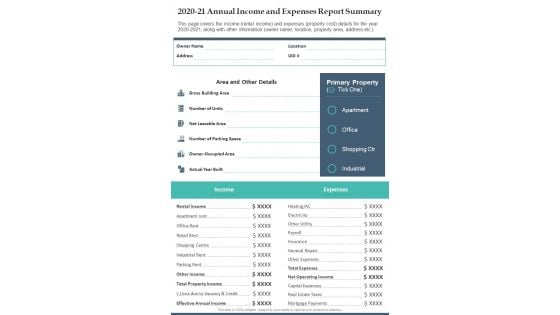 2020 21 Annual Income And Expenses Report Summary One Pager Documents