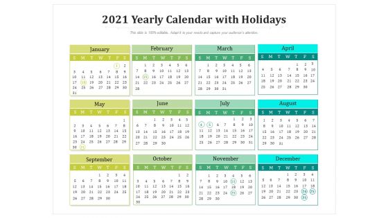 2021 Yearly Calendar With Holidays Ppt PowerPoint Presentation Slides Slideshow PDF