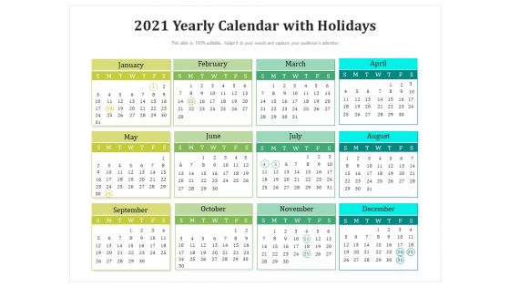 2021 Yearly Calendar With Holidays Ppt PowerPoint Presentation Slides Slideshow PDF