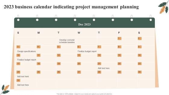 2023 Business Calendar Indicating Project Management Planning Brochure PDF