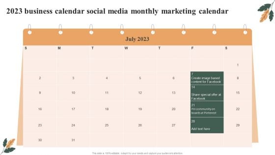 2023 Business Calendar Social Media Monthly Marketing Calendar Diagrams PDF