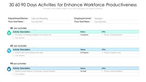 30 60 90 Days Activities For Enhance Workforce Productiveness Ppt PowerPoint Presentation Gallery Information PDF