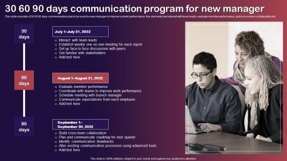 30 60 90 Days Communication Program For New Manager Introduction PDF