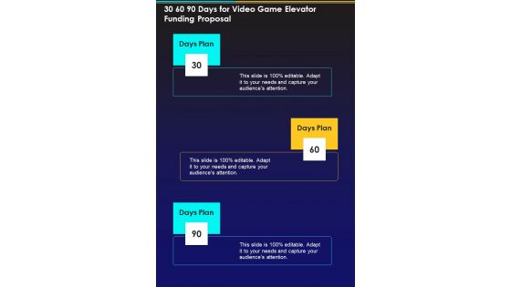 30 60 90 Days For Video Game Elevator Funding Proposal One Pager Sample Example Document