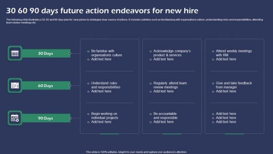 30 60 90 Days Future Action Endeavors For New Hire Elements PDF