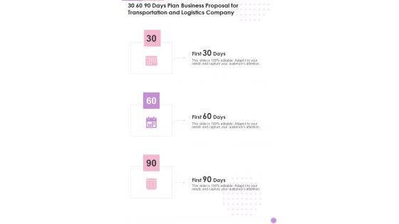 30 60 90 Days Plan Business Proposal For Transportation And Logistics Company One Pager Sample Example Document 30 60 90 Days Plan Business Proposal For Transportation And Logistics Company One Pager Sample Example Document