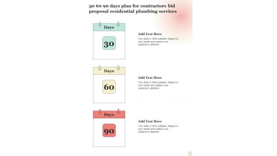 30 60 90 Days Plan Contractors Bid Proposal Residential Plumbing Services One Pager Sample Example Document 30 60 90 Days Plan Contractors Bid Proposal Residential Plumbing Services One Pager Sample Example Document