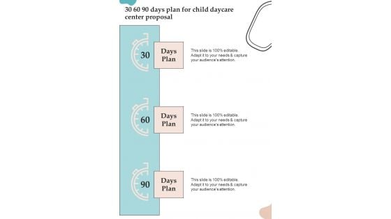 30 60 90 Days Plan For Child Daycare Center Proposal One Pager Sample Example Document