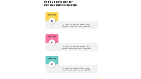 30 60 90 Days Plan For Day Care Business Proposal One Pager Sample Example Document