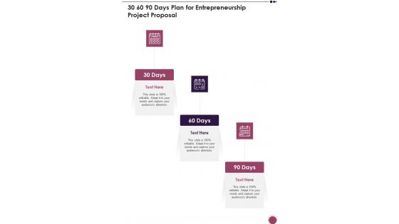 30 60 90 Days Plan For Entrepreneurship Project Proposal One Pager Sample Example Document
