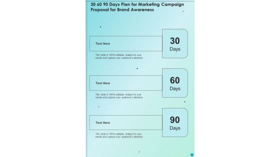 30 60 90 Days Plan For Marketing Campaign Proposal For Brand Awareness One Pager Sample Example Document