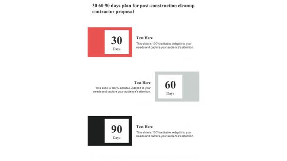 30 60 90 Days Plan For Post Construction Cleanup Contractor Proposal One Pager Sample Example Document