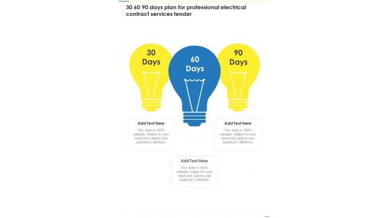 30 60 90 Days Plan For Professional Electrical Contract Services Tender One Pager Sample Example Document 30 60 90 Days Plan For Professional Electrical Contract Services Tender One Pager Sample Example Document