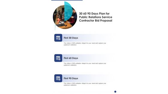 30 60 90 Days Plan For Public Relations Service Contractor Bid Proposal One Pager Sample Example Document