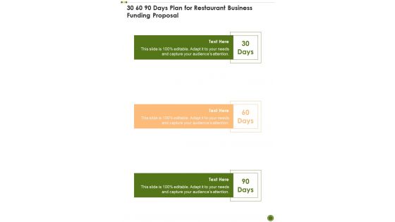 30 60 90 Days Plan For Restaurant Business Funding Proposal One Pager Sample Example Document 30 60 90 Days Plan For Restaurant Business Funding Proposal One Pager Sample Example Document