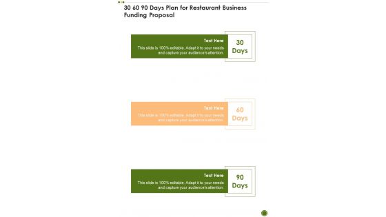 30 60 90 Days Plan For Restaurant Business Funding Proposal One Pager Sample Example Document