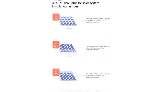 30 60 90 Days Plan For Solar System Installation Services One Pager Sample Example Document