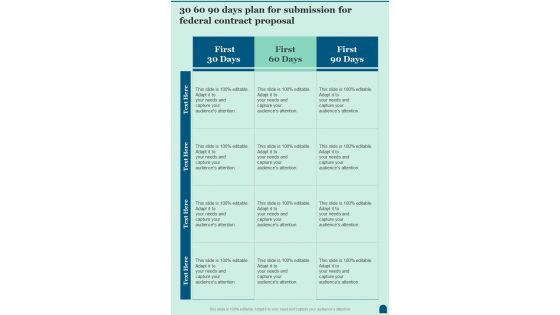 30 60 90 Days Plan For Submission For Federal Contract One Pager Sample Example Document