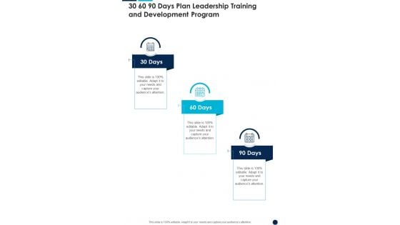 30 60 90 Days Plan Leadership Training And Development Program One Pager Sample Example Document