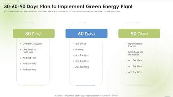 30 60 90 Days Plan To Implement Green Energy Plant Ppt PowerPoint Presentation Summary Templates PDF