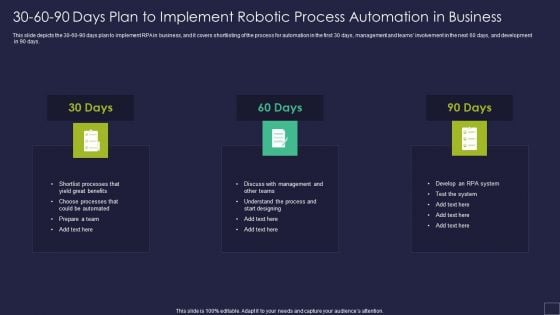 30 60 90 Days Plan To Implement Robotic Process Automation In Business Themes PDF