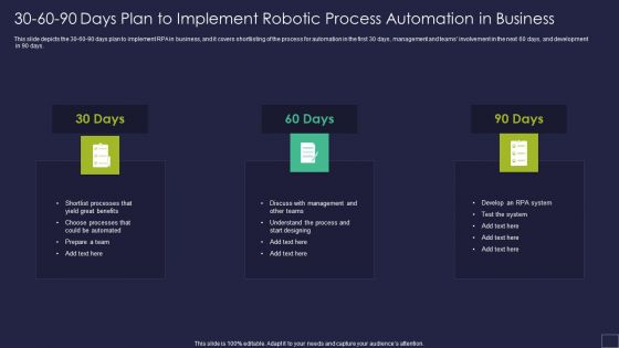 30 60 90 Days Plan To Implement Robotic Process Automation In Business Themes PDF